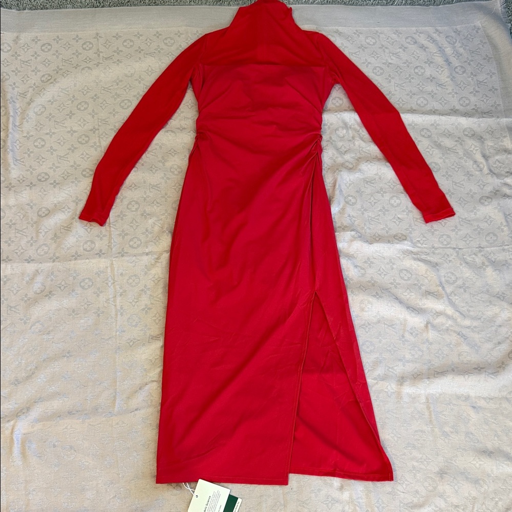 HALARA Bright Red Long-Sleeve Turtleneck Midi Dress with Side Slit